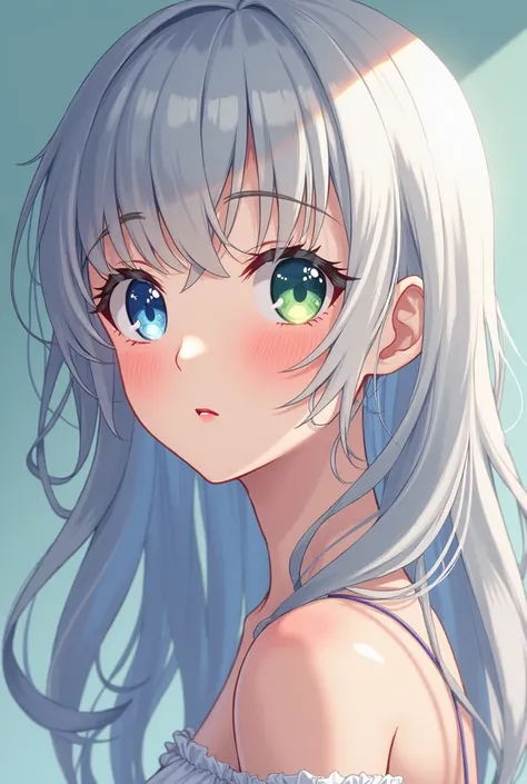 anime style, adult woman light silver hair up to the shoulders with the left eye sky blue,And the right eye color Lemon Green, approximately 22 years old , She has a blushed face as if she were making a brilliant breakthrough 