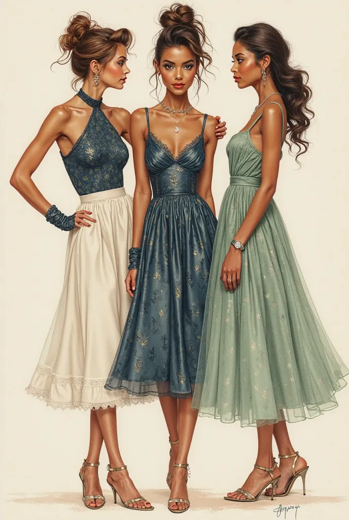 brown pencil sketch), three (fashion models), brown skinned young women in their 20s, (posing elegantly), short loose navy fern colours, shimmering stays or fay COSERT MID KNEES DRESS , beautifully designed with a halter bodice and bishop sleeves , in TWEE...