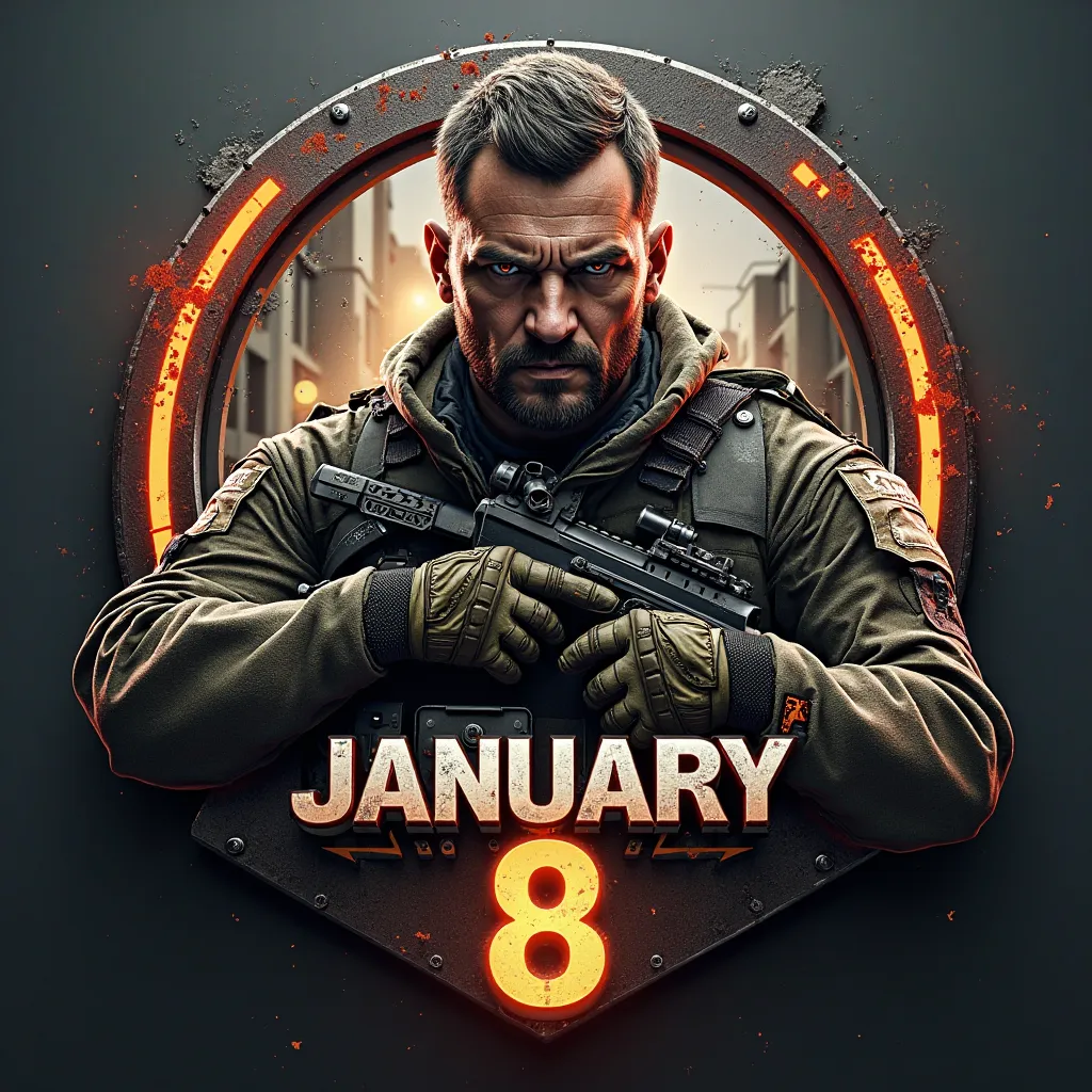 logo based on Call of Duty with a name that says JANUARY8, The image must have a character from the saga 