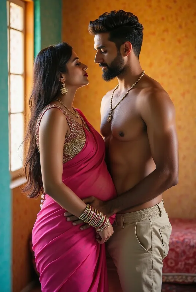 A couple shares an intimate moment in a colorful room. The woman wears a pink sari with a sequined blouse, adorned with jewelry and bangles, sultry body with sexy belly, beautiful thick female. while the man is shirtless in beige pants. They stand close, g...