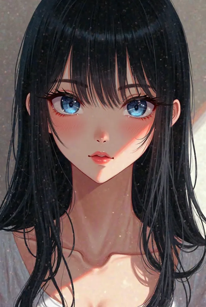 Manga mature girl that has clear blue eyes like gojo satoru but long shiny black hair. Slender figure like a supermodel, big doe eyes, milky white skin, apple red cheeks and naturally red lips.