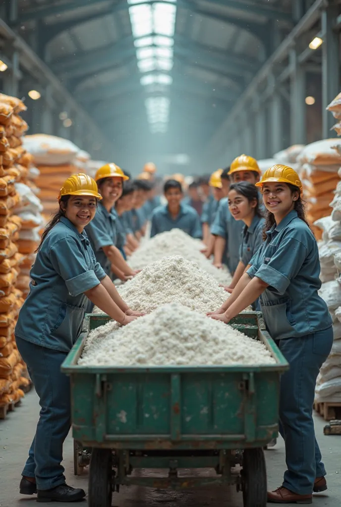 a group of young workers, factory workers, carrying bags of washing powder, transferring them to a small truck, energetic atmosphere, high energy environment, factory interior, detergent production, industrial setting, machinery, conveyor belts, stacks of ...