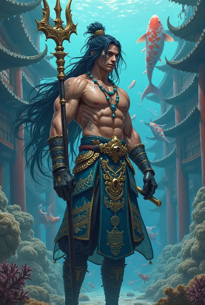 "A stunning, hyper-detailed illustration of a Japanese Aquaman, Isamu Kawai, the ruler of an underwater samurai empire. He stands tall in oceanic blue and gold armor with intricate scale-like patterns resembling koi fish. His muscular physique glistens wit...