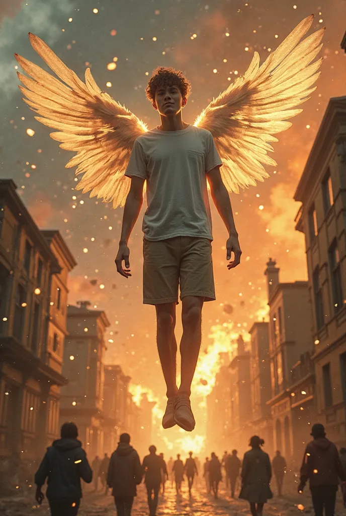 Hyperrealistic high. guy levitates, he has wings behind his back, focus on face,  everything is burning from behind, the windows on the houses are shattering, People are fleeing in panic. 
