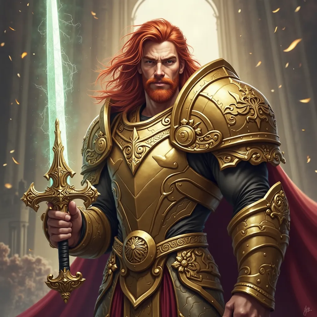 I want a profile image inspired by the game World of Warcraft that shows a Majestic Male Paladin, With red hair Epica gold armor, phosphorescent white sword. and a penetrating look  