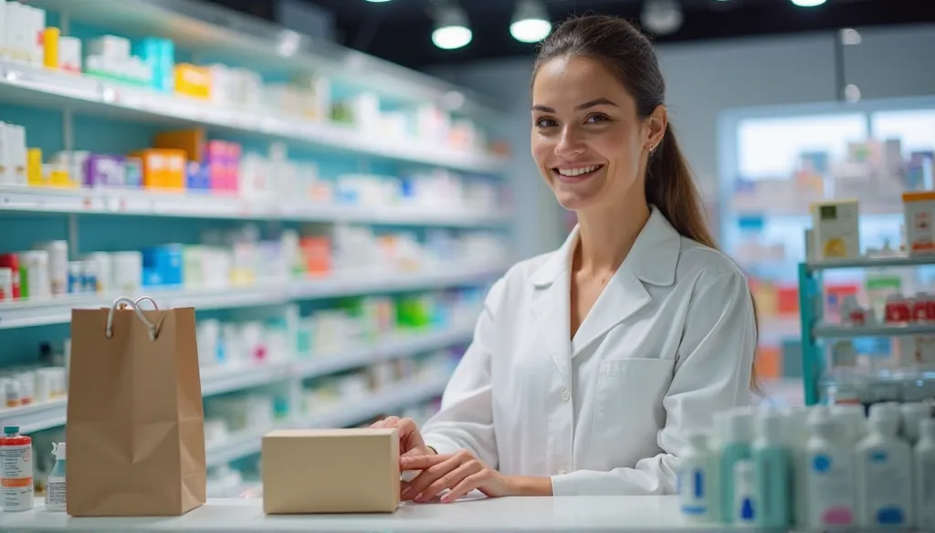 Realistic image of a smiling female saleswoman in a pharmacy at a counter. She places products in a bag.  She's wearing white coat. In the background, well-lit white shelves, with vibrant packaging that stands out under modern store lighting.  The store ha...