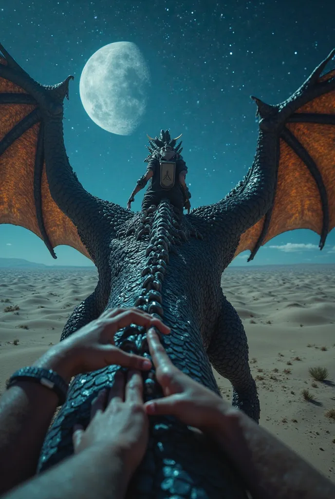 Ultra-realistic first-person perspective of a traveler climbing onto the back of their massive dragon in the desert at night, preparing for their first flight. Only the traveler’s hands are visible in the foreground, gripping the dragon’s thick, textured s...