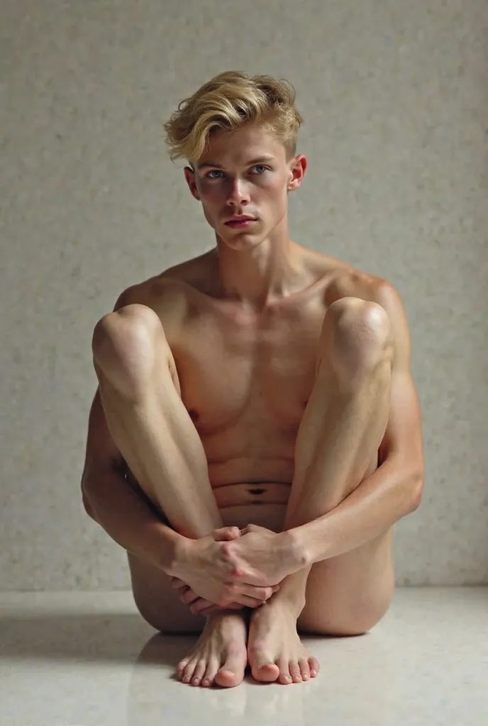 a naked young blonde man siting showing the soles of the feet