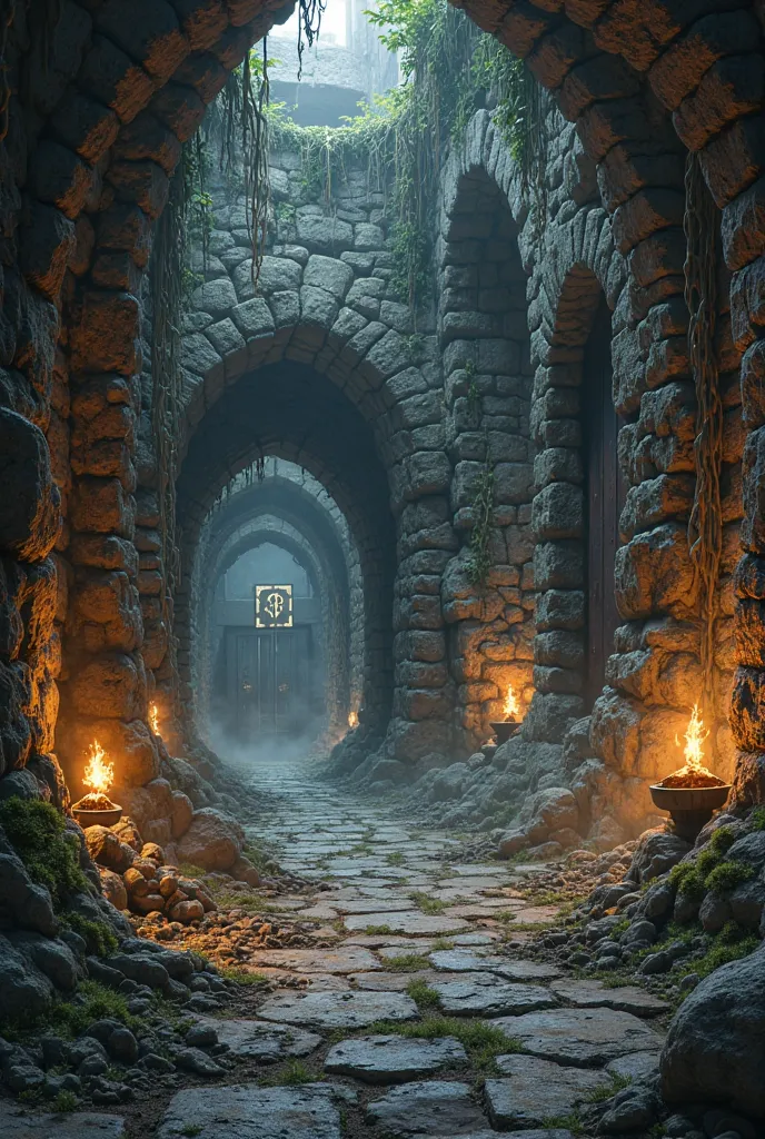 The interior of a dark fantasy dungeon, with ancient stone walls cracked and covered in creeping moss. Flickering torches cast dim, wavering light, creating jagged shadows that stretch across the narrow, winding corridors. The floor is lined with weathered...