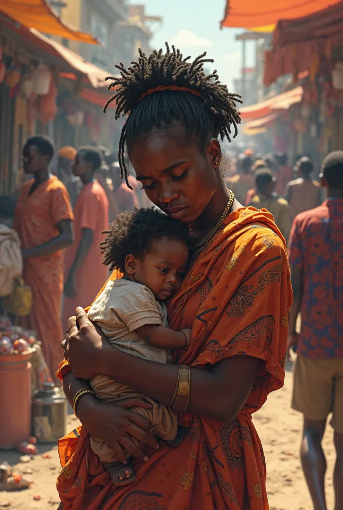 An African woman caught her baby at the market while crying 