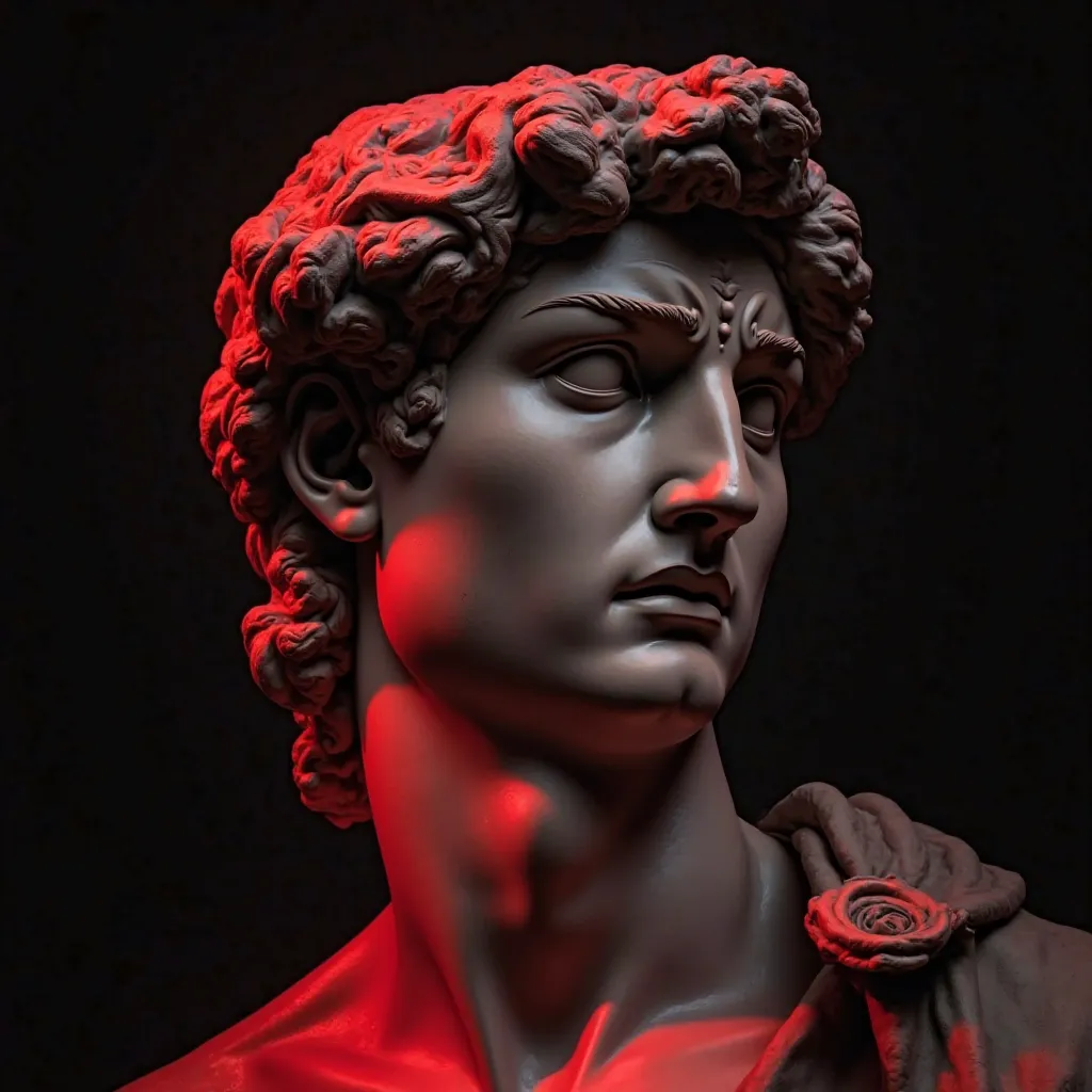 Michelangelo david statue head realistic artistic red on dark background