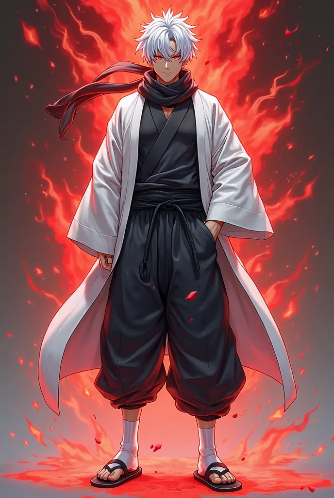 Make a anime man white hair wearing a white japanese men's kimono, a black scarf tight-fitting black shirt, black sports tan baggy training pants with a black belt weaved through the waist with white socks and japanese sandals. Add a crimson aura surroundi...