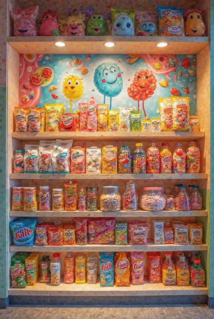 Wall paper for store selling jellybean,snacks,chocolates,soft drinks,juices & chips let the wall paper attractive the costumers 