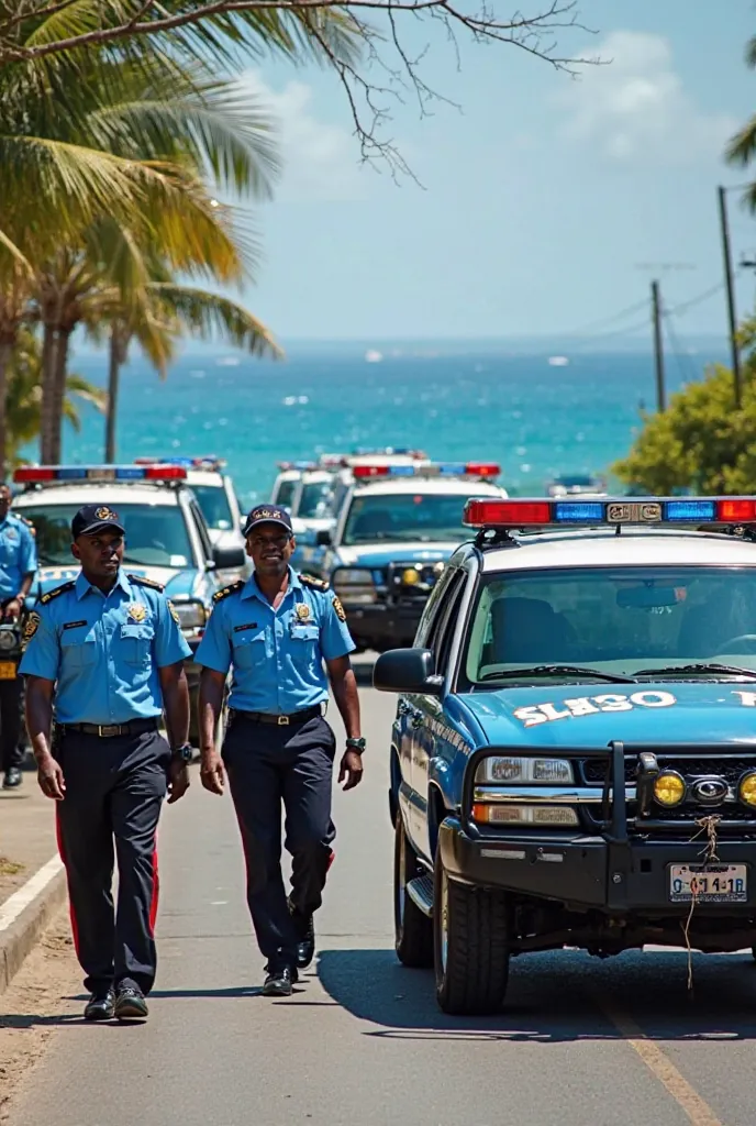 Fleet of Royal Grenada Police Force vehicles with police officer in blue shirts and black pants with red stripe 