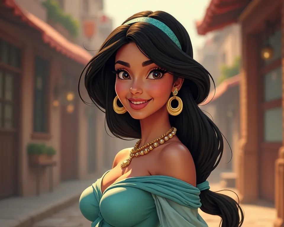 Score_9, score_8_up, score_7_up, rating explicit, source_comic, detailed soft lighting, 1girl, (Jasmine from Aladdin, black hair, ponytail, teal harem costume:1.0), large breasts, with bigger curves BREAK smile, beautiful eyes, open eyes, (masterpiece, bes...