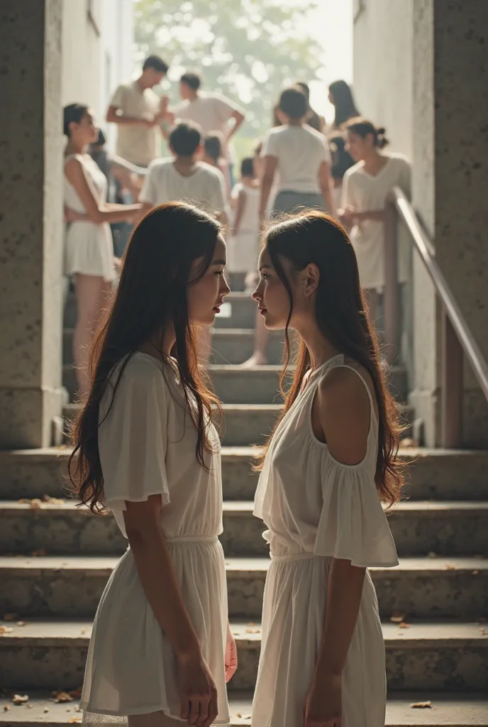 one girls is standing on the top of the stairs and the other one is stan
ding at the down...and the this girl is wearing something white..both of themhaving eye contact...and in theback ground there are kind of many people..the image should be from front