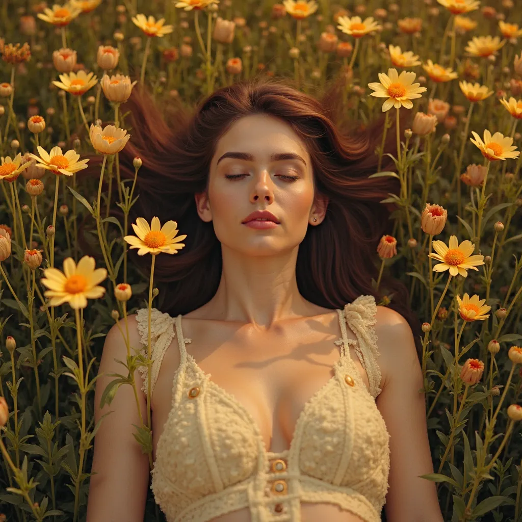 A woman lying in a field of flowers, her body surrounded by a golden aura. The flowers bloom and wither in cycles, symbolizing life and death. The 1:1 frame captures the delicate details of the flowers and the woman’s serene expression.