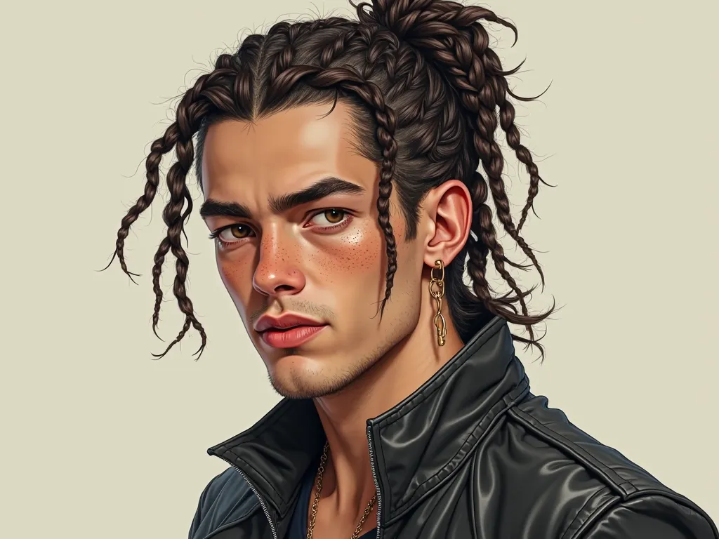 a white man with a round face, slightly narrow brown eyes, and freckles with short Afro braids in a ponytail wearing a black leather jacket in the style of a realistic comic book