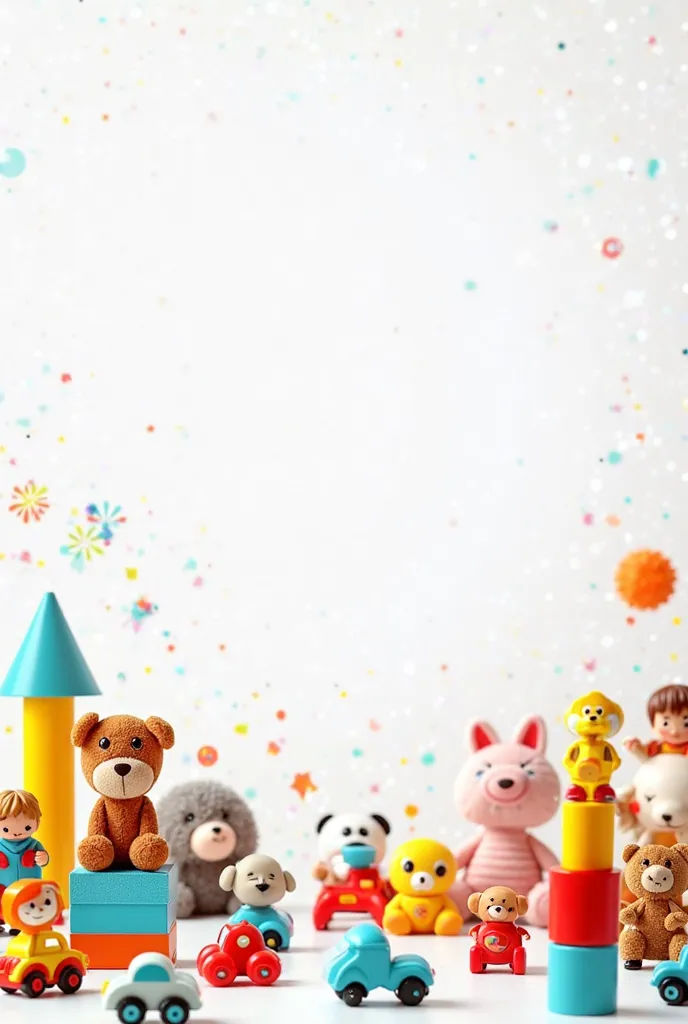 Generate a vibrant and playful background image for a toy product. The background should be predominantly white, creating a clean and bright atmosphere. Include a variety of colorful toys scattered across the scene, such as stuffed animals, building blocks...