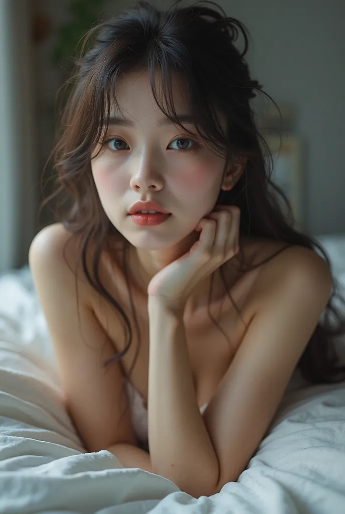 A beautiful young lady , k-pop beauty , Blue eyes , lying on the bed , opened legs , no clothes .