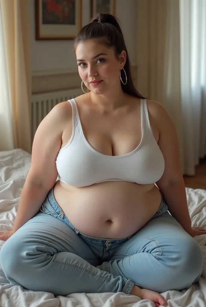 In room, high angle view, a massive ass pawg voluptous bbw 25-year old white european student with huge fat protruding bloated saggy belly sitting on bed, side view brunette slickback ponytail, slight face wrinkles, hoop earings, realistic tongue, wide bod...