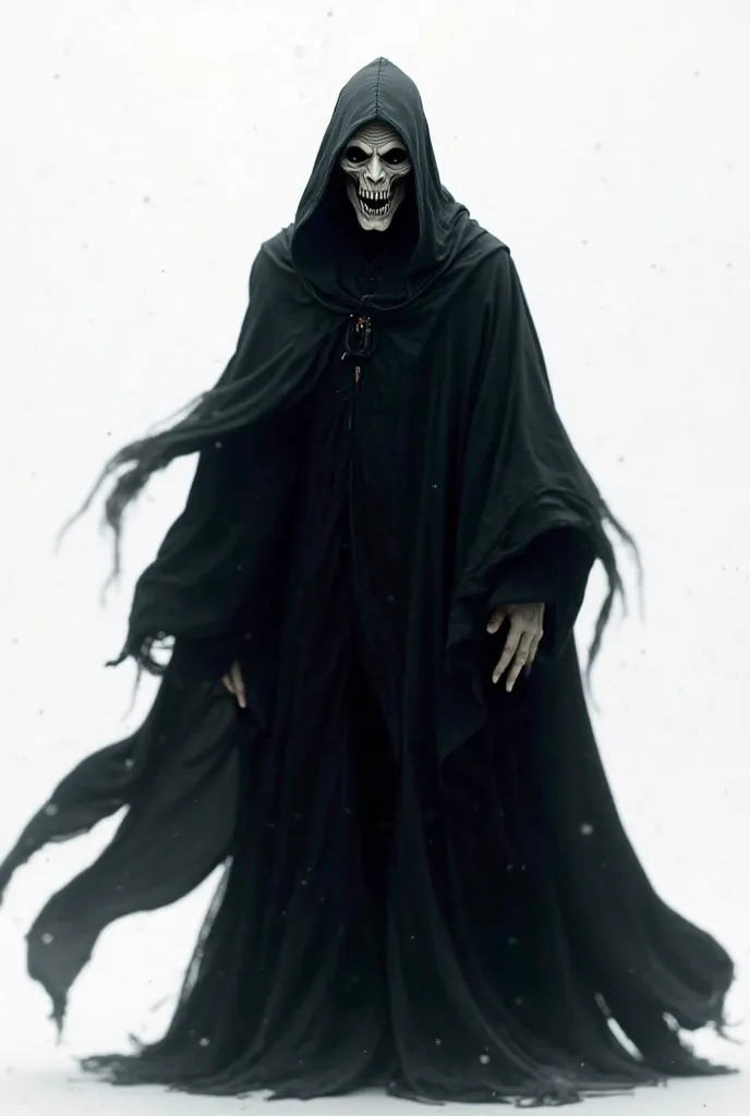 Create a wizard with a black cape, Who has a very pale complexion with dark eyes and features so that scary it has to be an animated image for a story and with a white background 