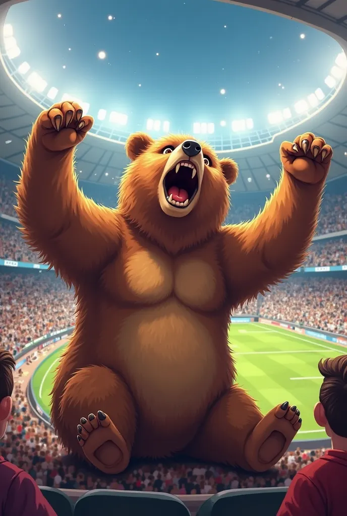 A brown bear sitting in the stands in the stadium and cheering excitedly watching a football match