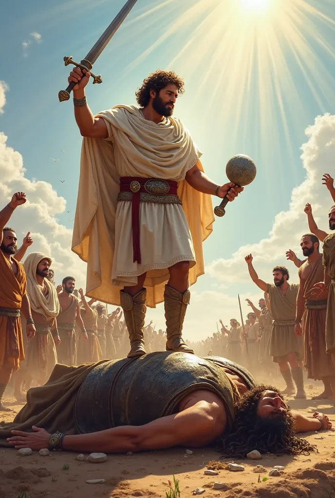 David stands over Goliath's fallen body, holding the giant's sword in one hand and Goliath's severed head in the other. The giant lies on the ground, his armor shattered and a stone embedded in his forehead. In the background, the Philistines flee in despa...