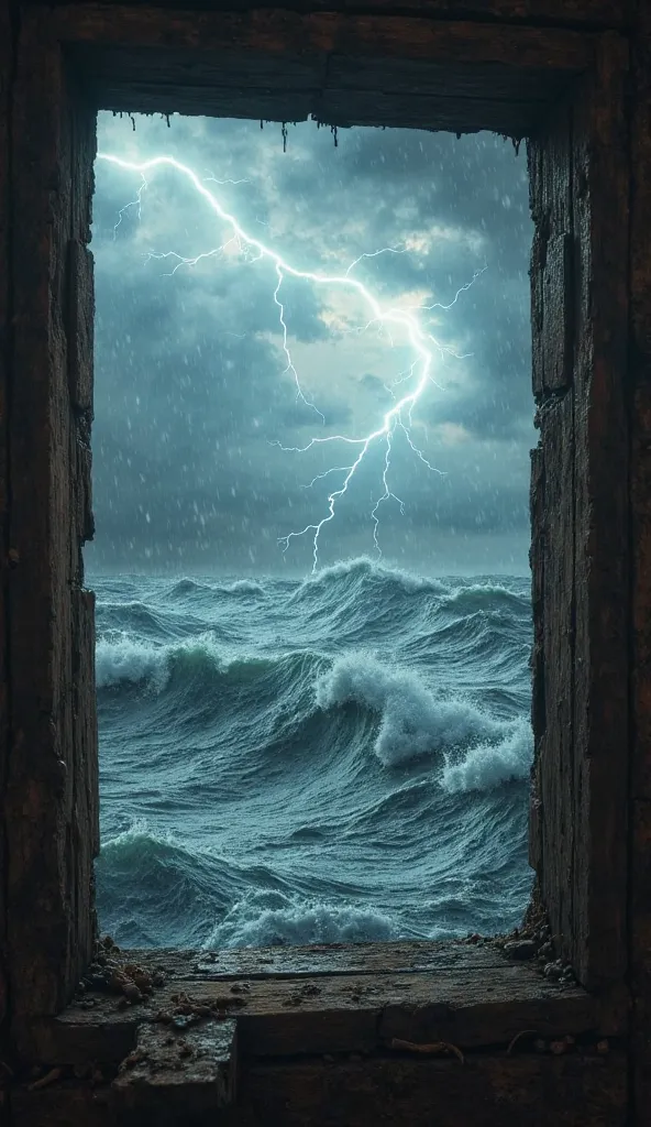 "A vision first person looking through the crack of a wooden window on Noah's Ark, with the storm outside. People wear robes from the time of Noah. Rainwater is pounding hard against the ark, and huge waves appear on the horizon.  Lightning cuts through th...