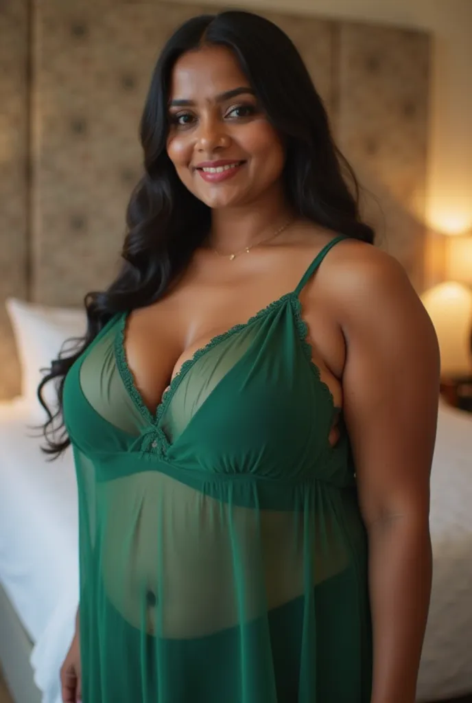 Utra HD 8k pixel self-shot of a 45 year old heavy-set Bengali indian housewife woman in bottle green see through siffon georgette nighty, sleeveless , large bust, heavy breasts, standing beside  white bed in a posh bedroom. She is sexy, beautiful, curvy, h...