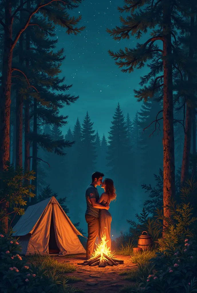 Natural environment, with greenery and forest in the background, night time, campfire and tent in the photo. A couple is kissing in the background.