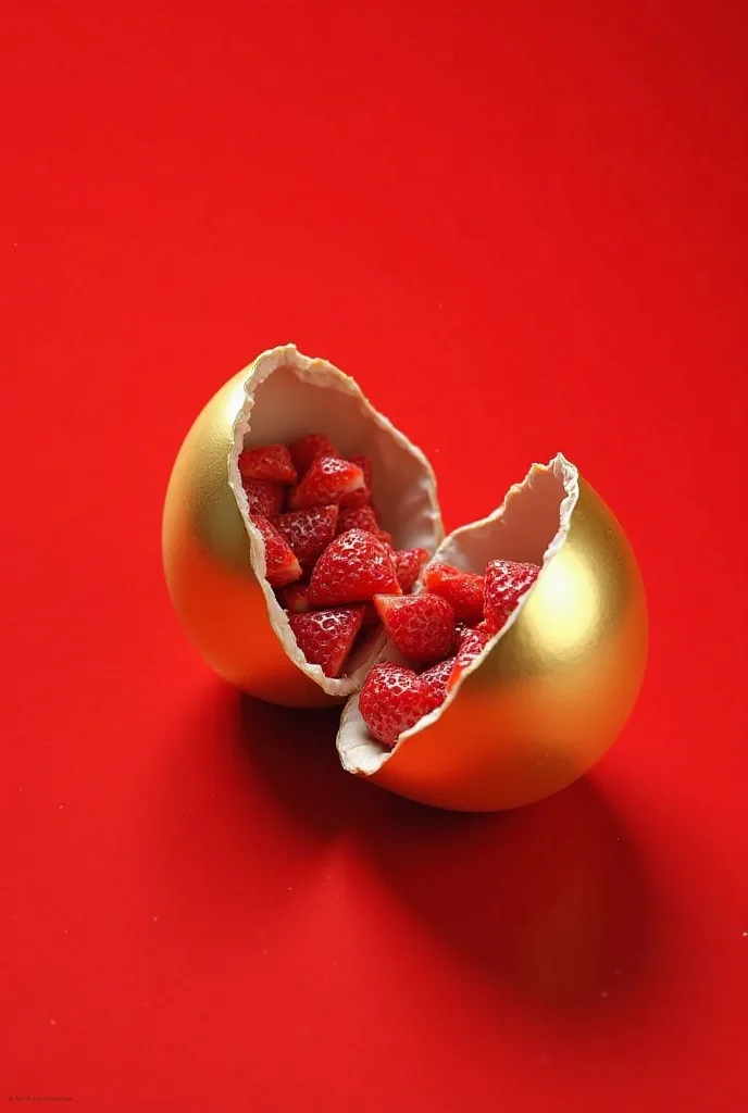 Golden Easter egg broken in half filled with pieces of strawberries,  red background 