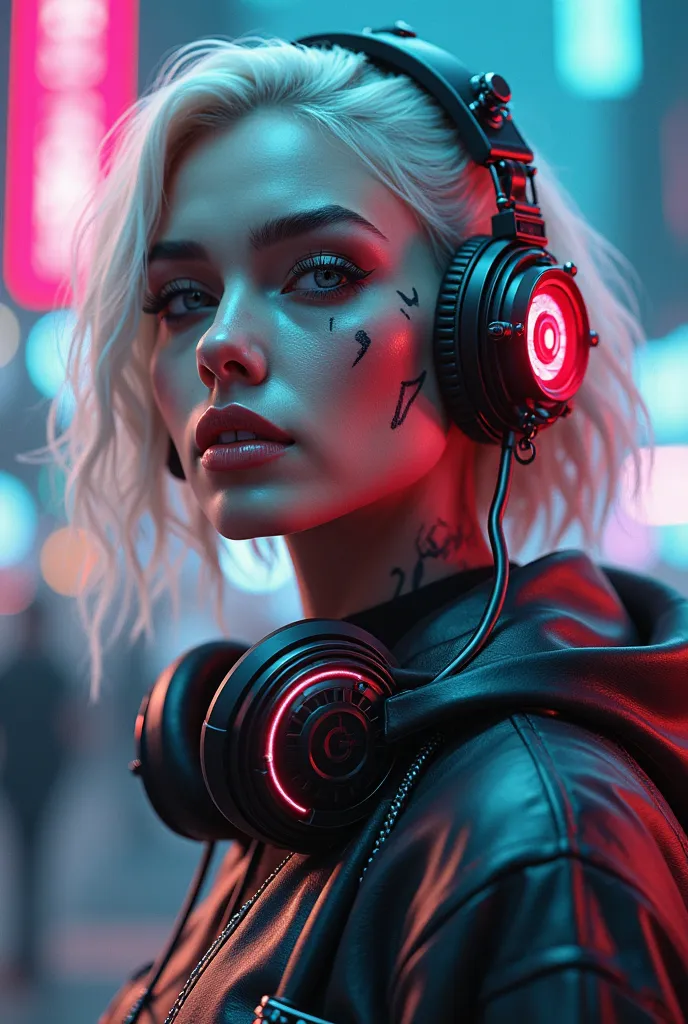 Cyberpunk female , platinum blonde hair , futuristic hairstyle , face tattoo , ornate headphones , gas mask accessories , neon accents , vibrant makeup , stylized 3D render , hyper-detailed , cinematic lighting , shallow depth of field , high-tech fashion ...