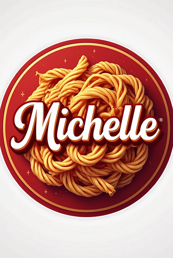 Pasta brand sticker with the name Michelle in a circle with red color palette 