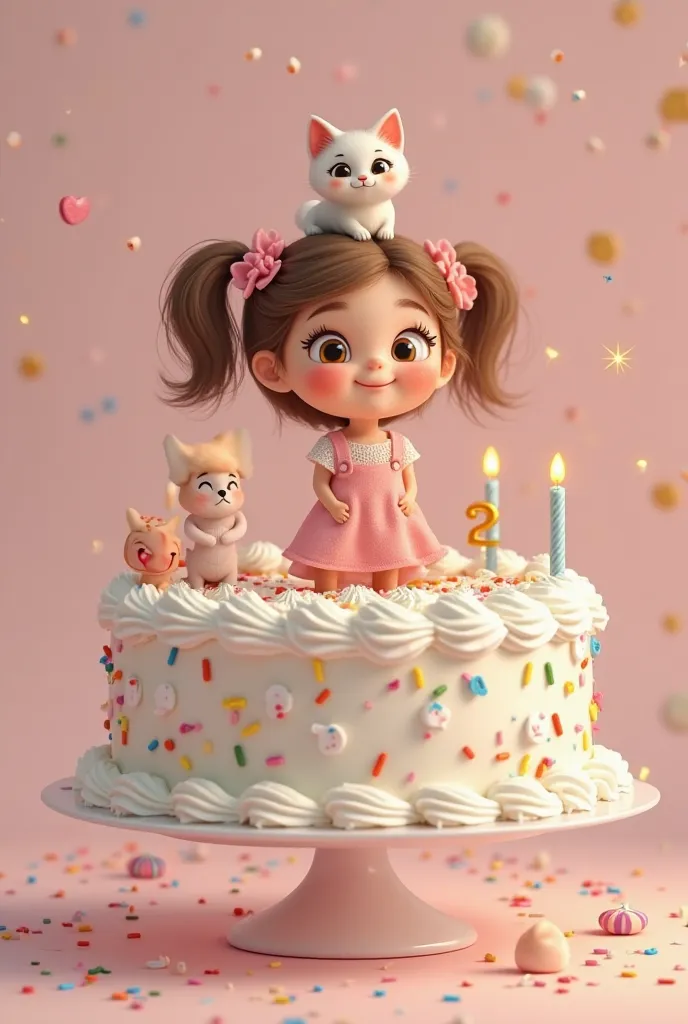 Create a birthday cake for a two year old day daughter ,  a girl with a small cat on the top of the cake