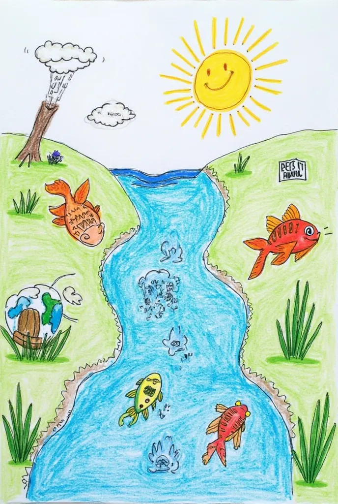 A drawing for a natural science fair that has a river with happy fish and a  with a drop of water that represents the earth and that there is something that shows that garbage should not be thrown into rivers with a danger sign not to pollute to show that ...