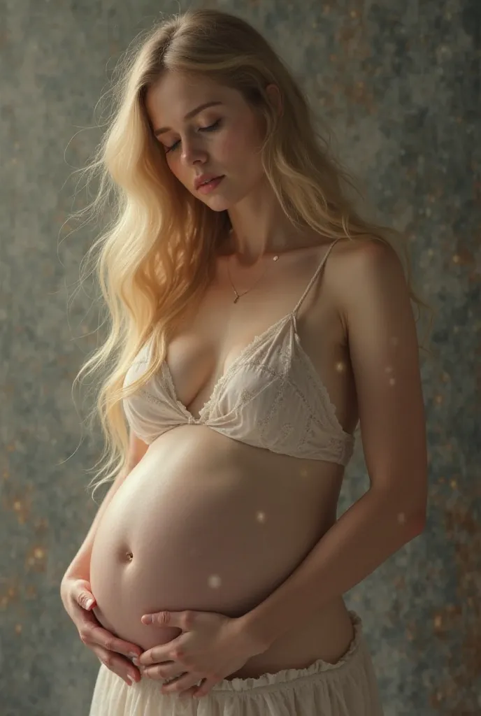 Create a delicate blonde with bare breasts and pregnant 