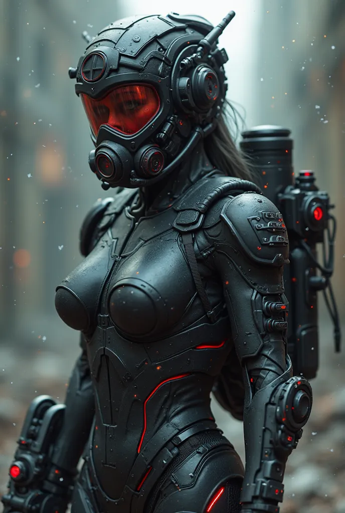 (Highest quality), future, (((Lots of girls))),  black exoskeleton suit with backpack, Led, Gas mask with gargle, holding blade, mechanical, Digital Sculpture, 超High resolution, Absurd, Deep shine effect, High resolution, Particles of light, Cinema Lightin...