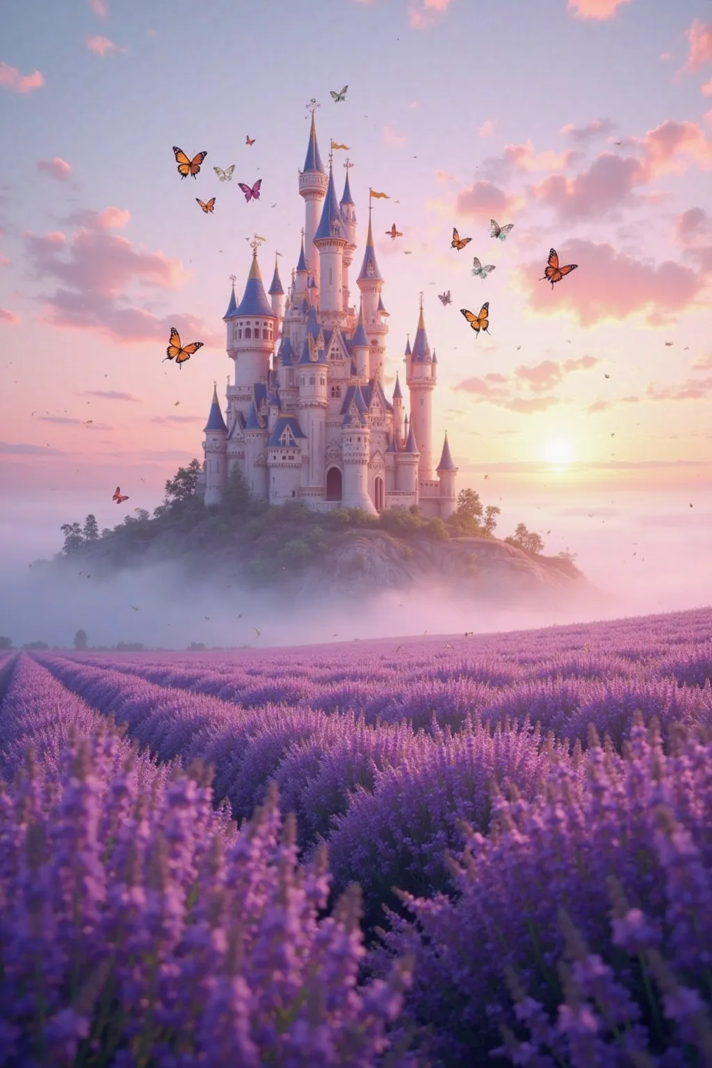 A fairytale castle, with delicate towers and gold details, rises in the middle of vast purple lavender fields. The morning mist gently covers the ground, while the rising sun paints the sky with pink and orange tones. Colorful butterflies fly among the flo...