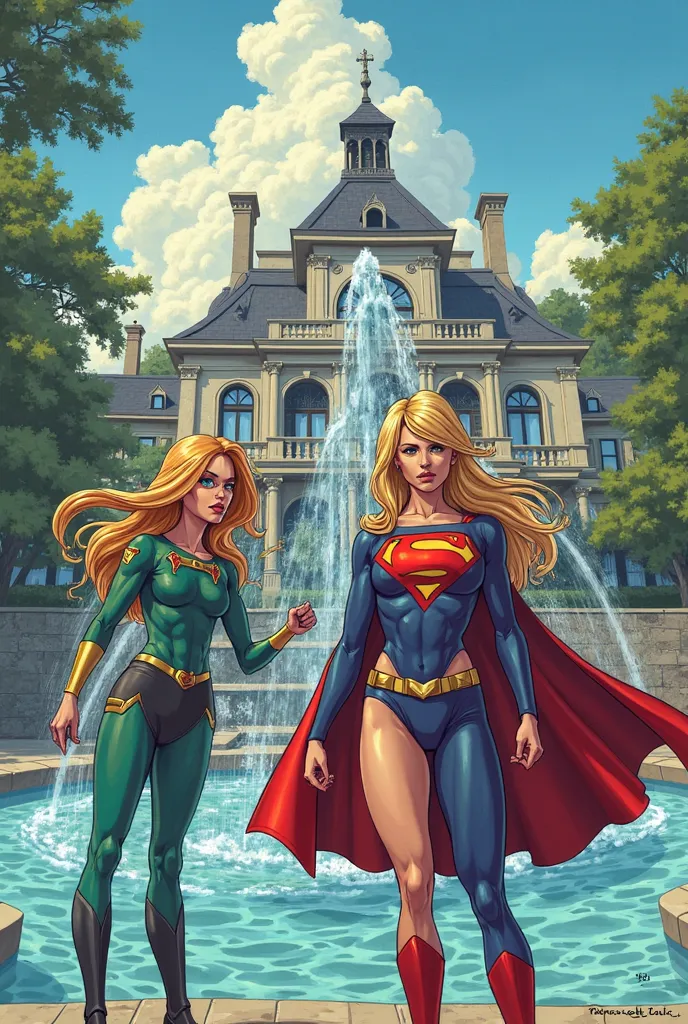 MAKE AN IMAGE OF ALERQUINA AND SUPER GIRL LOOKING VERY SCARED BEHIND THEM THERE IS A FOUNTAIN RIGHT BEHIND THE FOUNTAIN THERE IS A MANSION LEAVE THE IMAGE JUST A LITTLE CARTOON