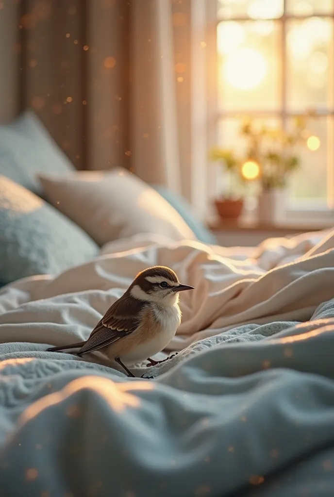 A mesmerizing close-up portrait of a beautiful little bird illuminated by the soft golden light of a quiet morning, with vibrant bokeh balls gently framing its delicate fCreate a photorealistic image for the cover of an online home textile store called "Tr...