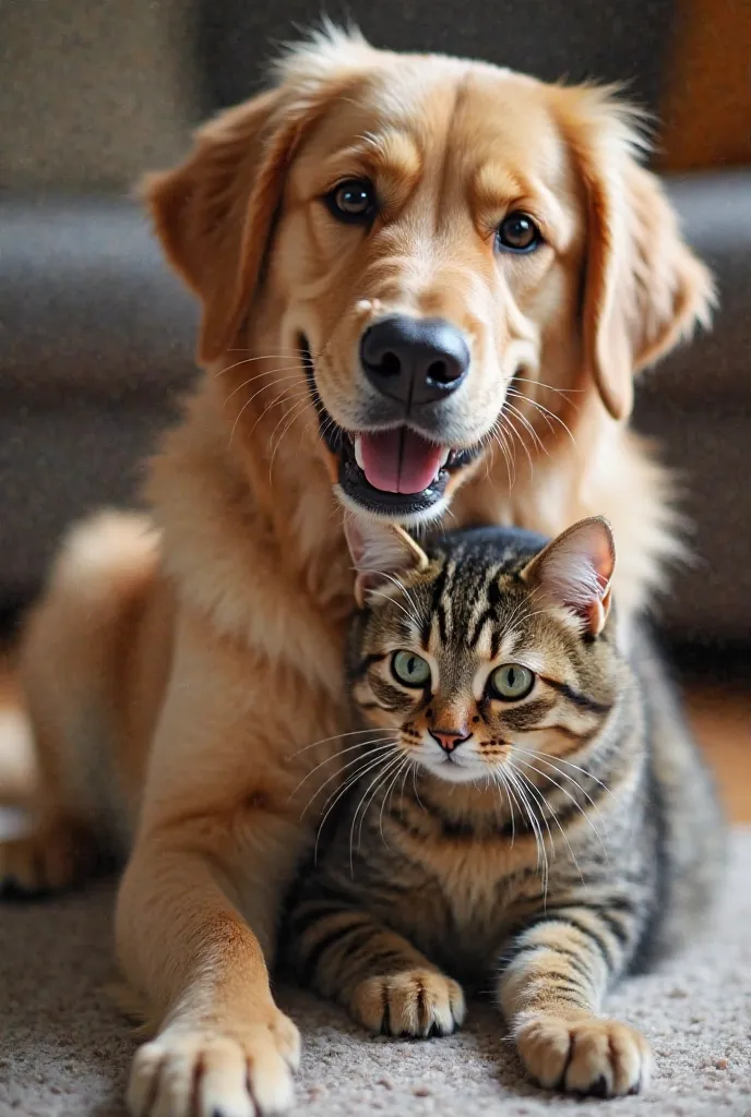 A playful golden retriever and a sassy tabby cat sitting together. The dog has a goofy, happy expression, while the cat looks smug but affectionate. The background is a cozy living room with soft lighting.