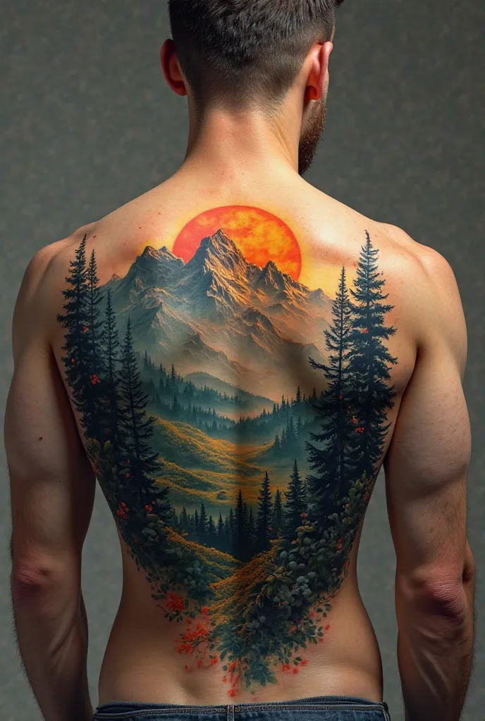 “At, sun, Can you design tattoos on the back and arm in the content of the mountain”