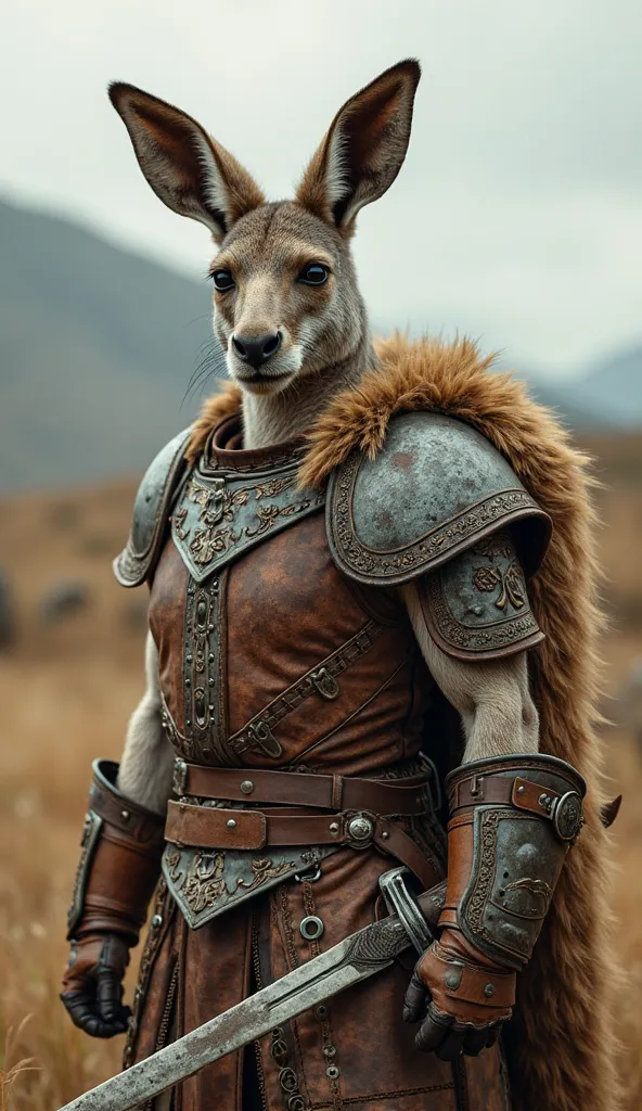 "An imposing kangaroo wears warrior armor inspired by the armor of the human warrior at his side. The armor is made of leather reinforced with metallic details, including ornate shoulder pads, a sturdy breastplate and protective bracelets. The kangaroo als...