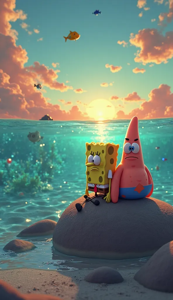 "A 3D-rendered exaggerated scene in the style of Nickelodeon Films with a warm yet melancholic atmosphere. SpongeBob and Patrick sit on a smooth, rounded rock near the ocean, staring sadly at the horizon as the water shimmers under a dreamy sunset. The col...