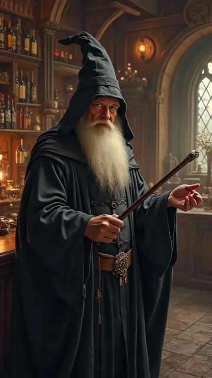 wizard, bart, Black robe,  Magic Wand , jung, in a tavern,  high quality , photorealistic presentation, detailed lighting, dramatic mood,  epic fantasy scene , traditional oil painting, Central figure, captivating expression, mysterious gestures, neoclassi...