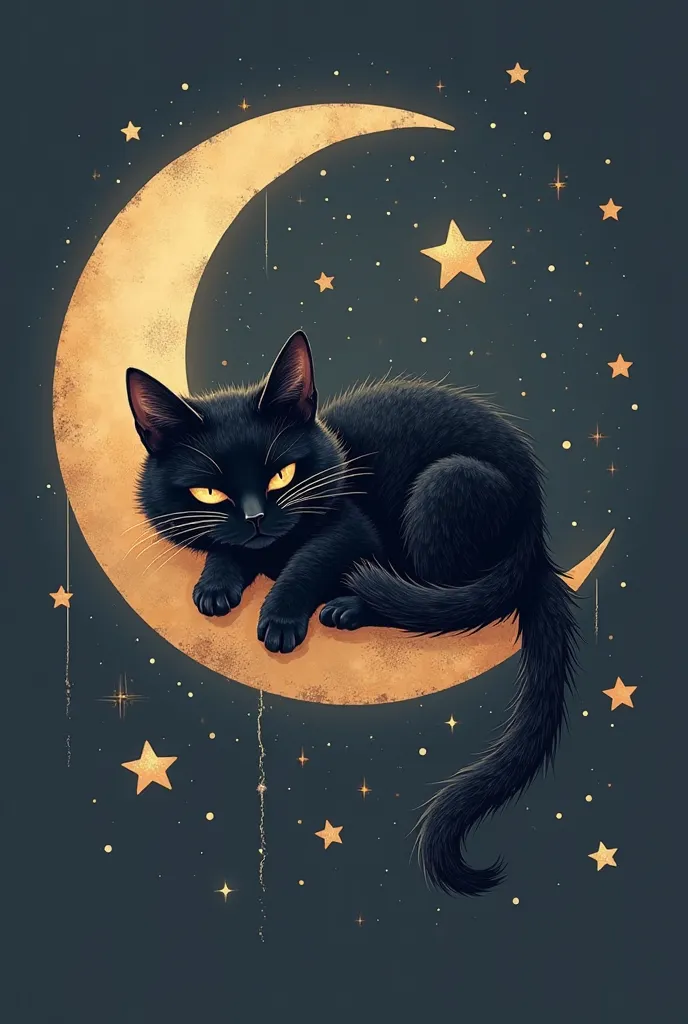 Create a clean, modern t-shirt design featuring a black cat lazily laying on top of a crescent moon, its tail hanging down elegantly. The cat should have glowing, sleepy eyes and small white whiskers to create a cute but mysterious aesthetic. Surround the ...