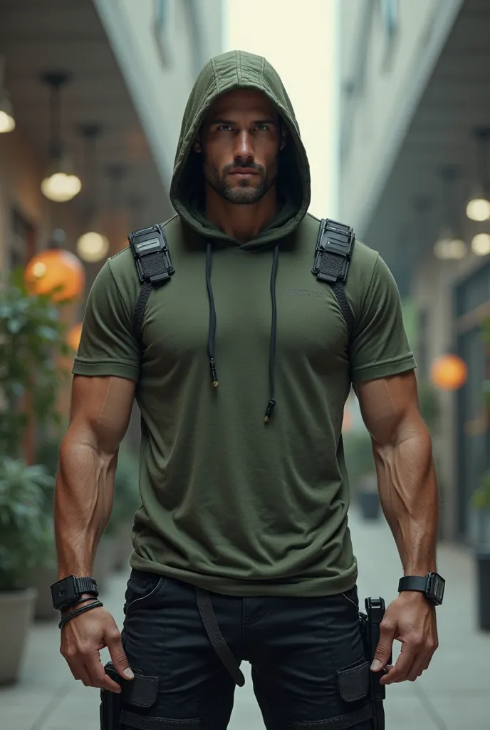 Men's security guard wearing hooded t-shirt clothing, military green design and black pants