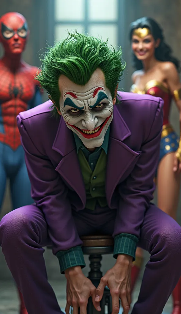 "Joker sitting on a stool, hunched over and sulking. His mascara is running slightly, and his usually vibrant green hair looks messy and defeated. In the background, Spider-Man, Batgirl, and Wonder Woman share a triumphant laugh. Ultra-realistic cinematic ...