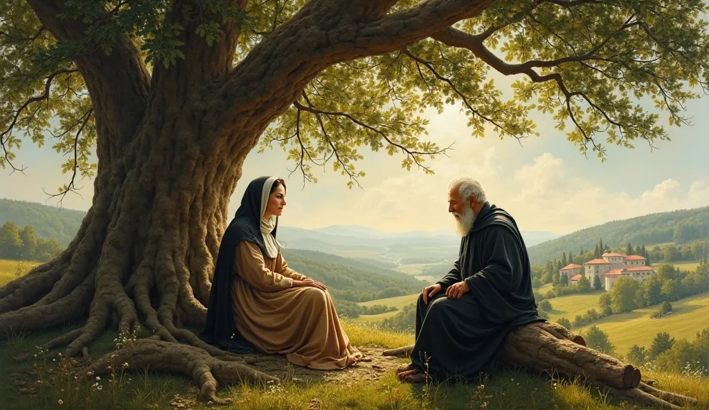 (A high-definition Renaissance-style painting oil on canvas, with rich details). Saint Scholastica and Saint Benedict sitting under a tree, sharing spiritual teachings in a deep conversation.